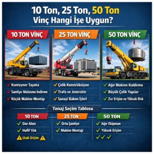 10 ton, 25 ton ve 50 ton vinçlerin kullanım alanlarını gösteren karşılaştırma görseli