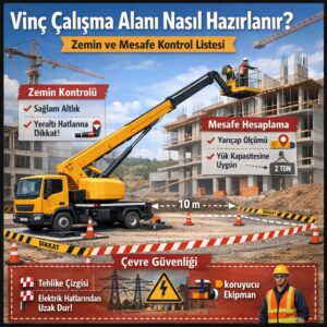 Şantiyede vinç kurulumu öncesi zemin kontrolü, güvenli mesafe hesaplama ve çevre güvenliği kontrol listesi
