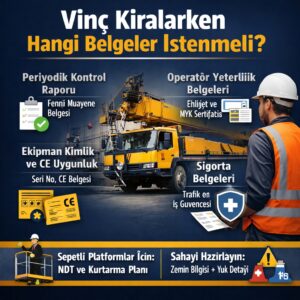 Vinç kiralama için gerekli belgeler: periyodik kontrol raporu, operatör yetkinlik belgeleri, CE uygunluk ve sigorta belgeleri
