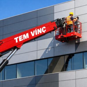 İstanbul’da dış cephe kompozit kaplama çalışmasında kullanılan bomunda TEM Vinç yazılı sepetli vinç