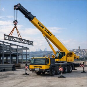 İstanbul’da çelik konstrüksiyon montajı çalışmasında kullanılan 34 TEM 2520 plakalı TEM Vinç mobil vinç
